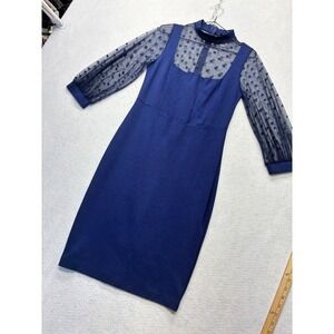 Cefian Cocktail Sheath Dress Whimsigoth Mesh Polka Dot Puff Sleeve L Navy Blue